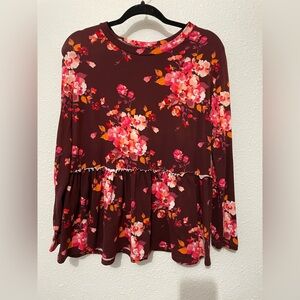 Agnes & Dora Relaxed Ruffle Top Long Sleeve Maroon Floral Size Medium